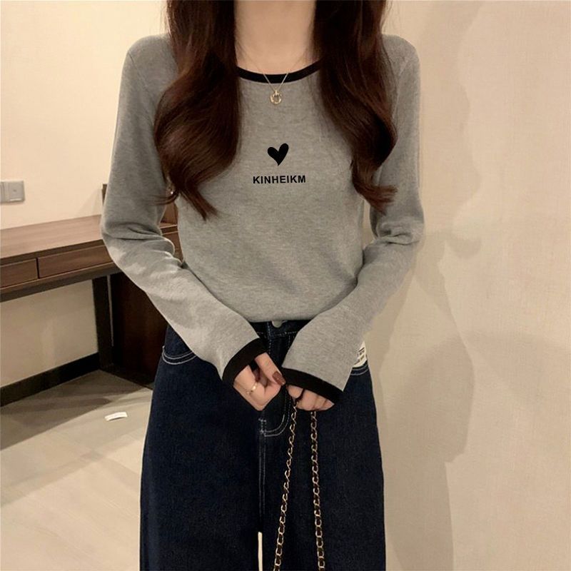 歐貨長袖t恤女2023秋裝新款拼接撞色設計感短款打底衫女內搭上衣