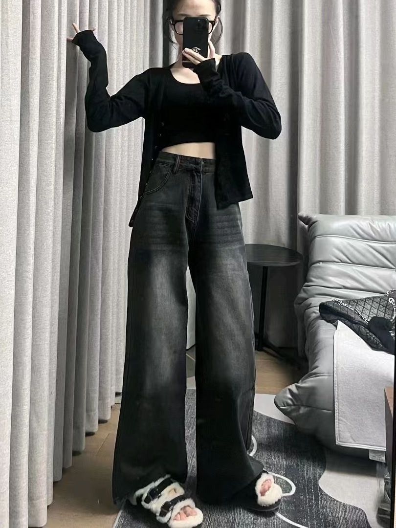 潮流設計感黑灰色牛仔褲女復古ins高腰梨形穿搭顯瘦寬鬆闊腿褲子