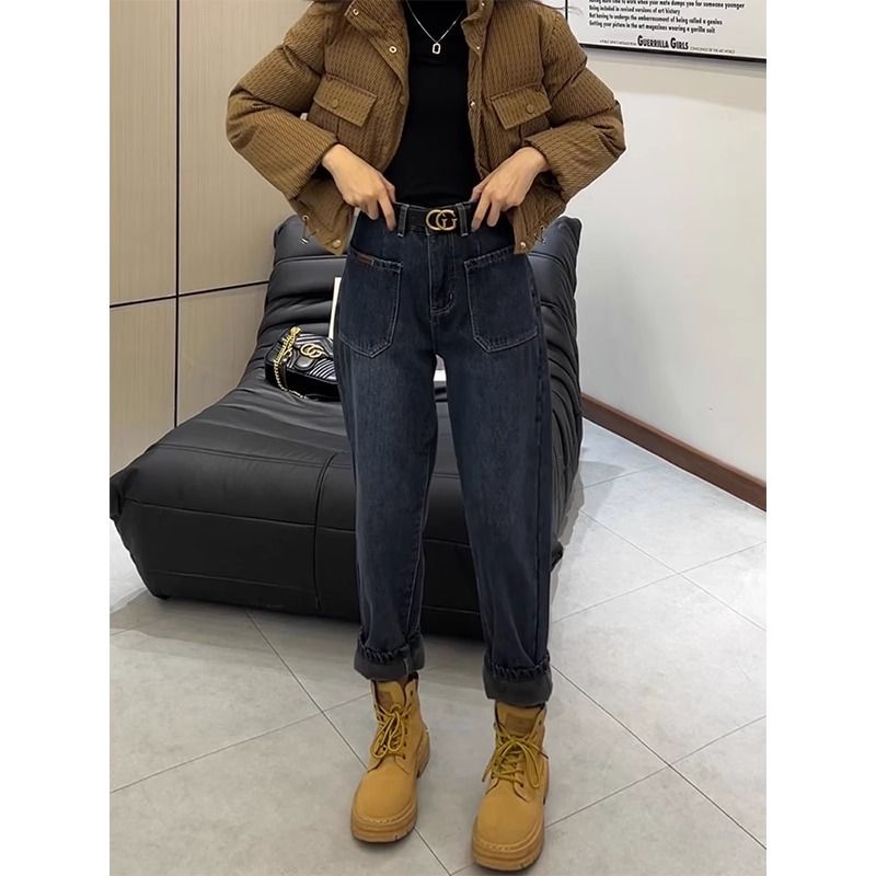 梨型身材哈倫牛仔褲女2023年秋冬新款大碼高腰顯瘦九分蘿蔔老爹褲