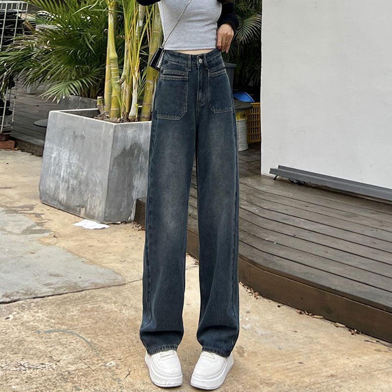 藍灰色高腰闊腿牛仔褲女春秋新款直筒寬鬆顯瘦小個子垂感拖地褲子