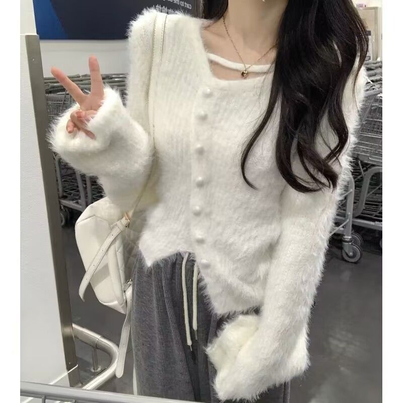 XJ家新款設計不規則修身打底衫秋冬仿水貂毛衣女溫柔風短針織上衣