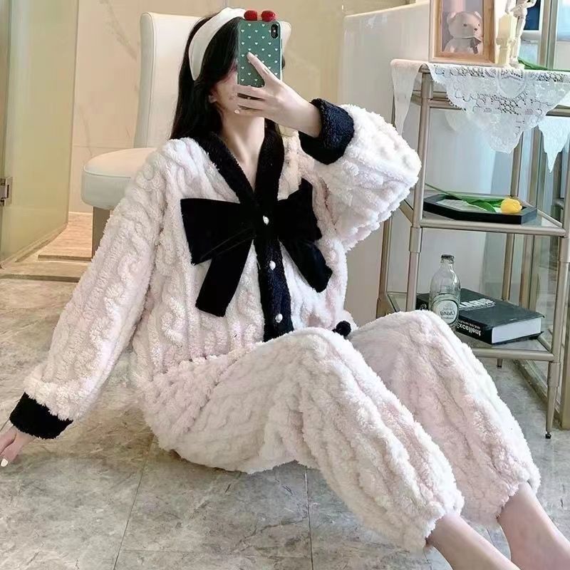 2023年新款珊瑚絨睡衣女生春秋冬季兩件套裝春秋冬季法蘭絨家居服