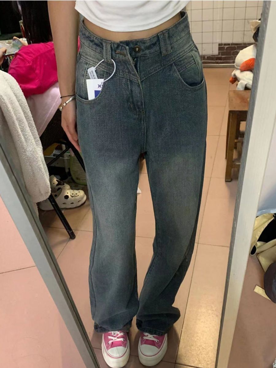 復古高腰牛仔褲女直筒寬鬆闊腿褲2023新款秋季小個子垂感顯瘦褲子