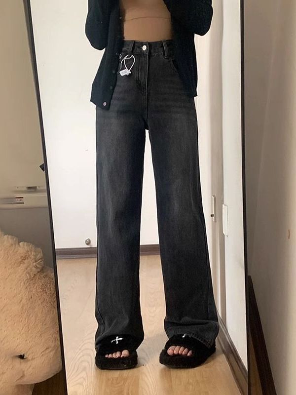 腿粗遮跨窄版直筒牛仔褲女秋季ins高腰垂感拖地顯瘦寬鬆闊腿褲潮