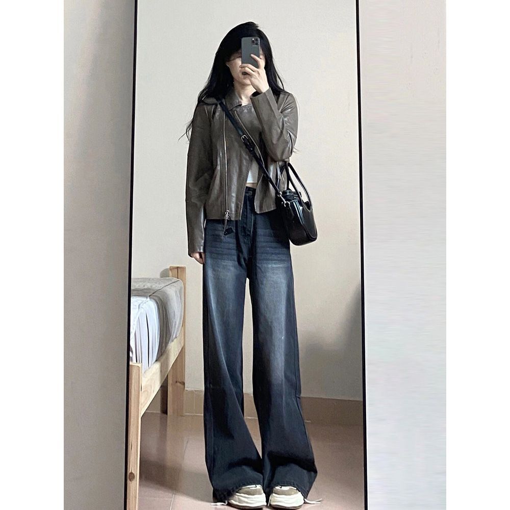 磨白復古寬鬆直筒牛仔褲女2023秋季新款美式學院風高腰長褲子ins
