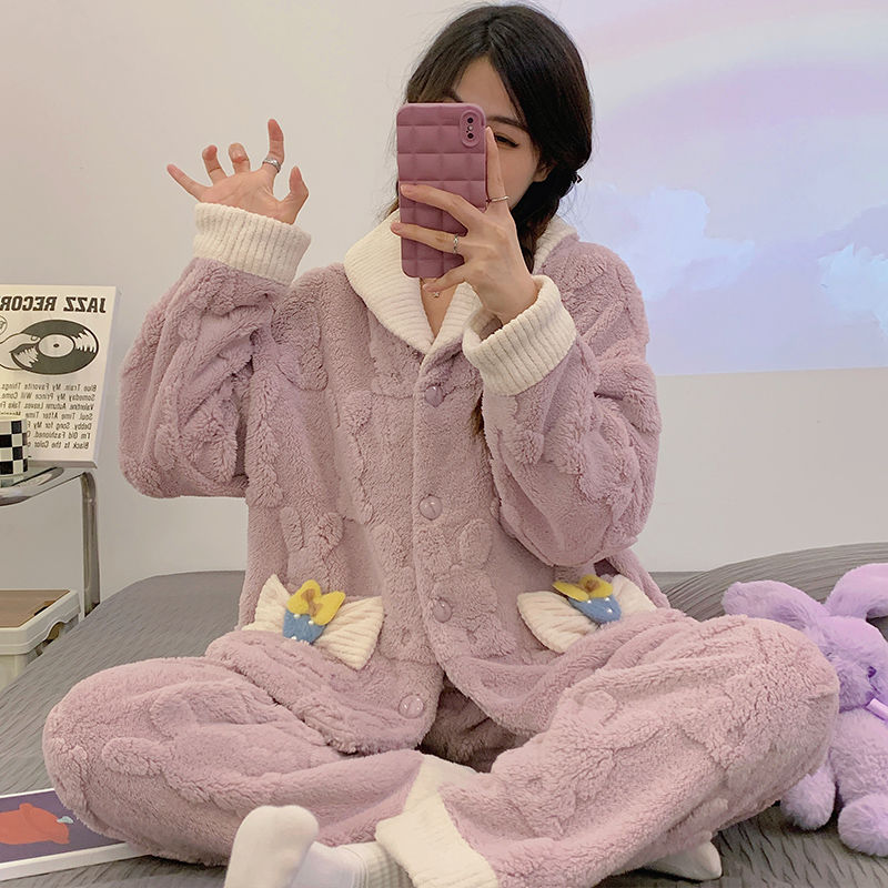 珊瑚絨睡衣女冬季加厚加絨家居服法蘭絨2023新款保暖套裝春秋冬款