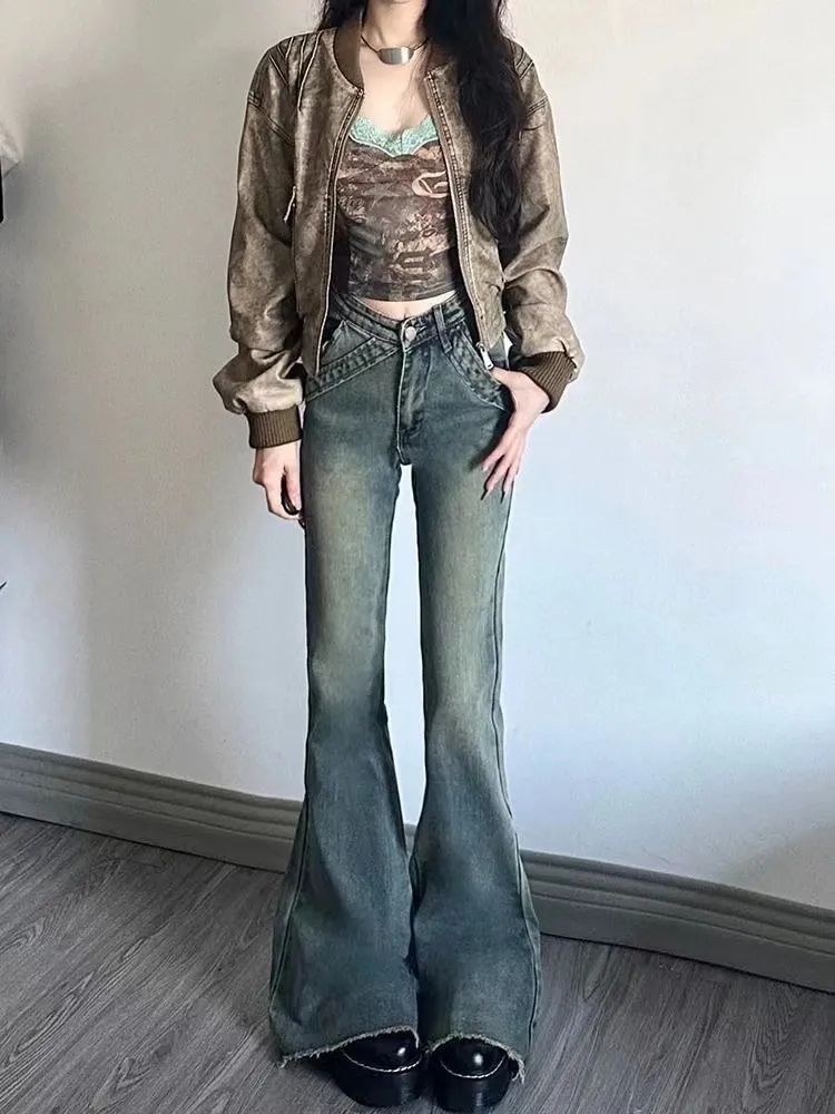 復古藍微喇牛仔褲女秋裝2023新款美式復古高腰顯瘦高個子喇叭褲子