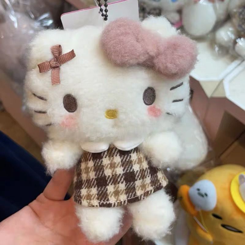 Plaid skirt hello kt bag pendant hellokitty school bag backpack trinket series gift doll black leather