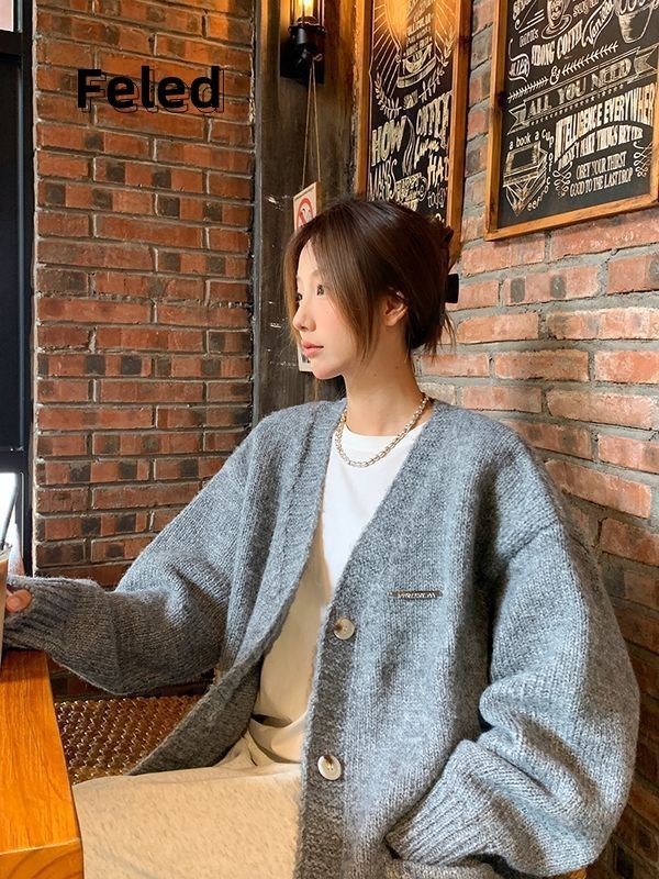 飛拉丹頓美式復古休閒灰色針織毛衣男女秋季新款慵懶風開衫上衣