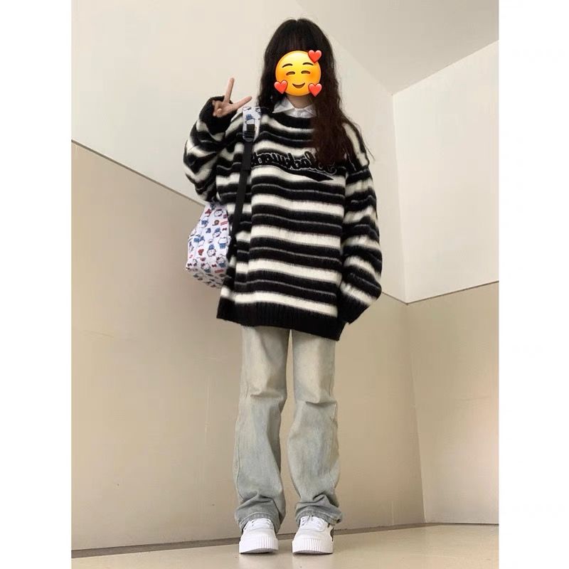 國潮軟糯糯條紋毛衣女小眾設計感秋冬慵懶風寬鬆港味復古chic上衣