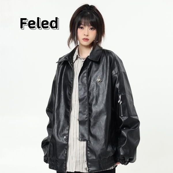 Feila Denton American retro motorcycle style PU leather jacket jacket for men and women in autumn loose hip-hop all-match trendy tops