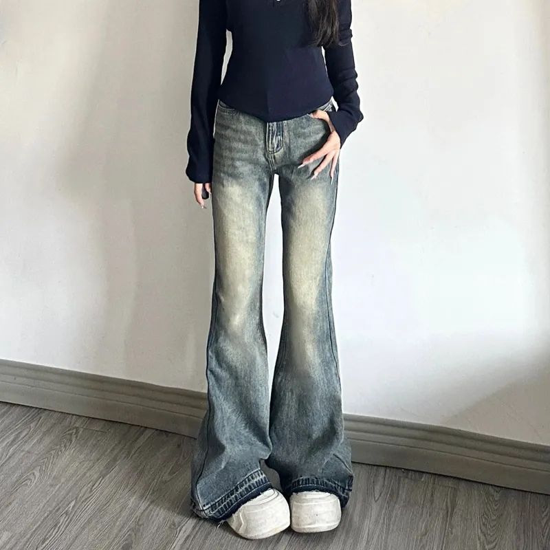 港風復古水洗淺色牛仔褲女高個子高腰寬鬆直筒拖地褲子微喇叭長褲