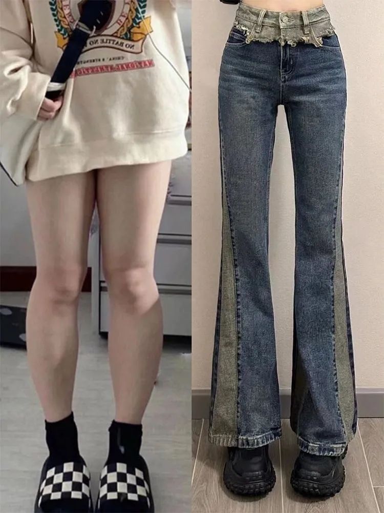 美式復古拼接撞色微喇叭牛仔褲女春秋時尚設計感高腰直筒拖地長褲