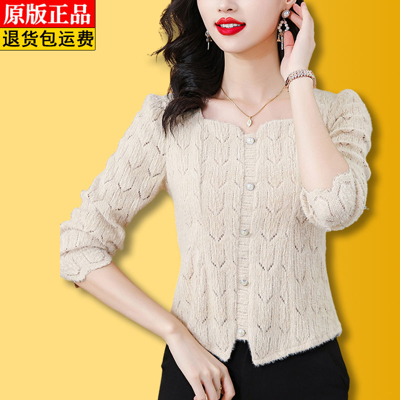 高檔彈力蕾絲打底衫女春秋新款時尚方領襯衫洋氣百搭修身顯瘦上衣