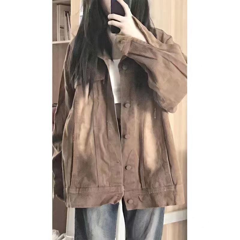 Plus size fat mm American retro brown contrast denim jacket women's autumn and winter new trendy ins Hong Kong style jacket top