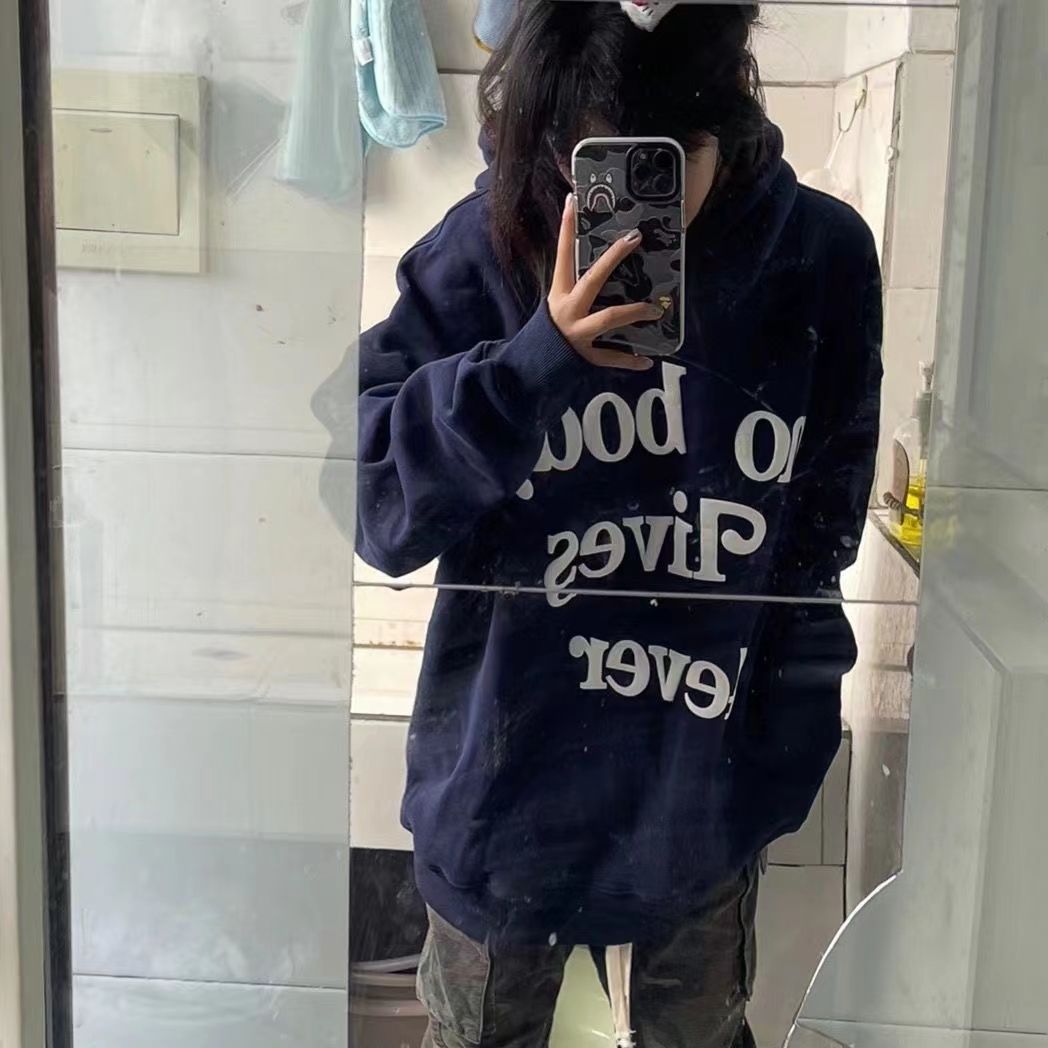藏青色連帽衛衣女學生chic港風加絨字母印花oversize長袖外套上衣