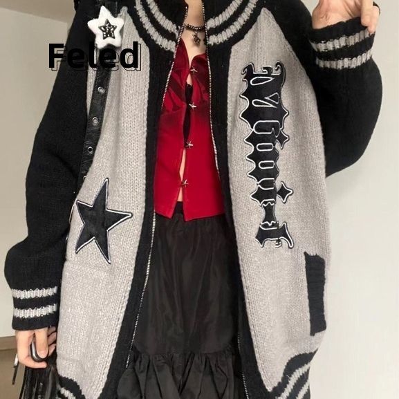 Feira Denton American retro loose slim knitted cardigan jacket for men and women versatile fashionable design trendy top