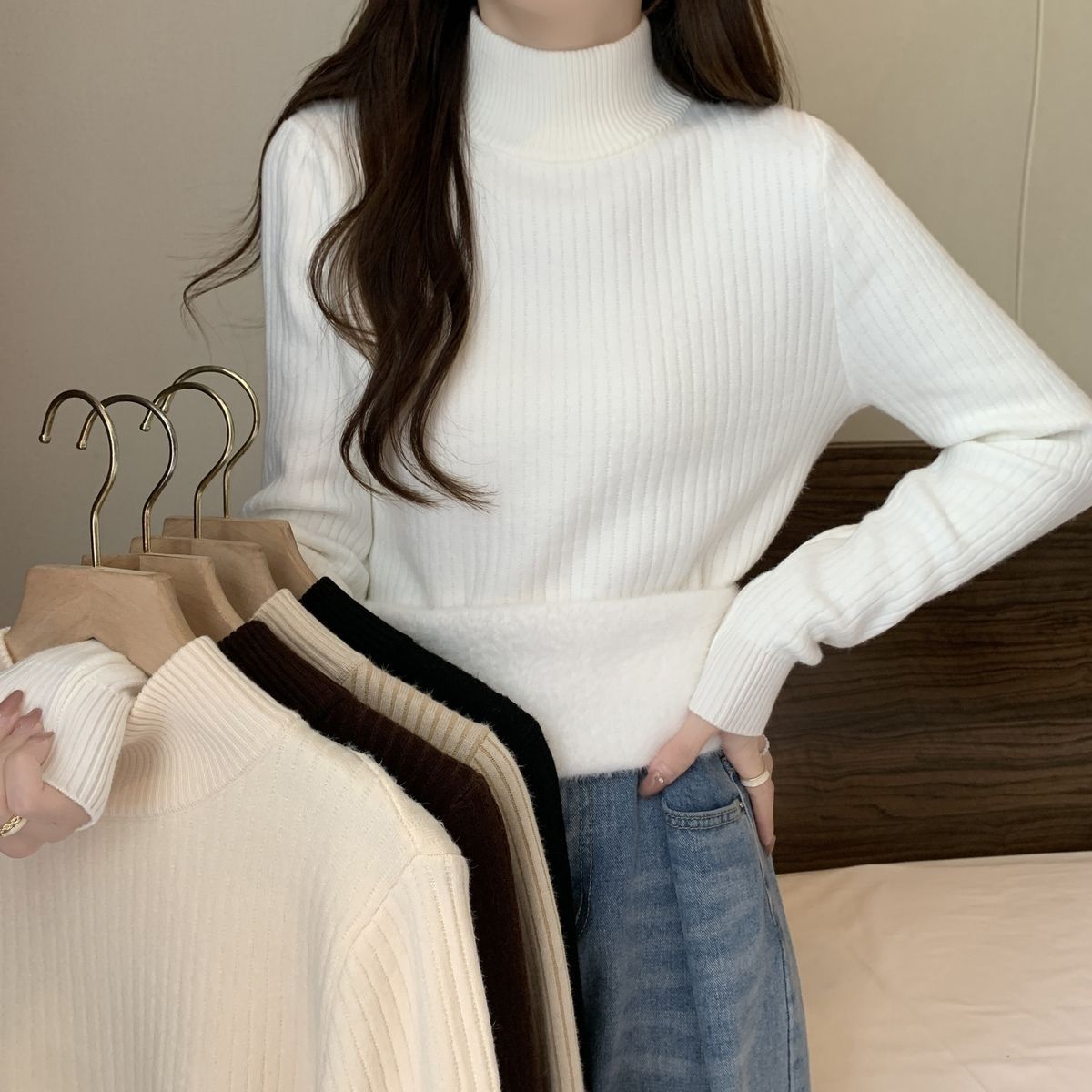 一體絨半高領毛衣女秋冬保暖內搭洋氣白色加絨加厚針織衫長袖上衣