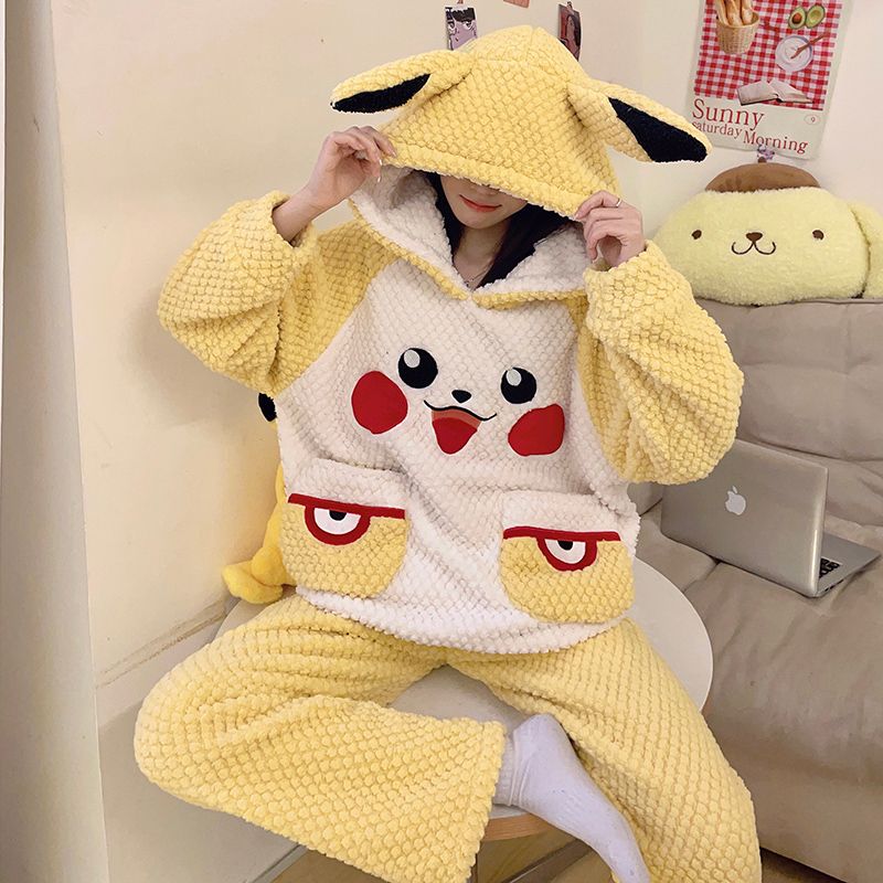 2023年新款連帽睡衣女冬季可愛卡通珊瑚絨加厚網紅保暖家居服套裝