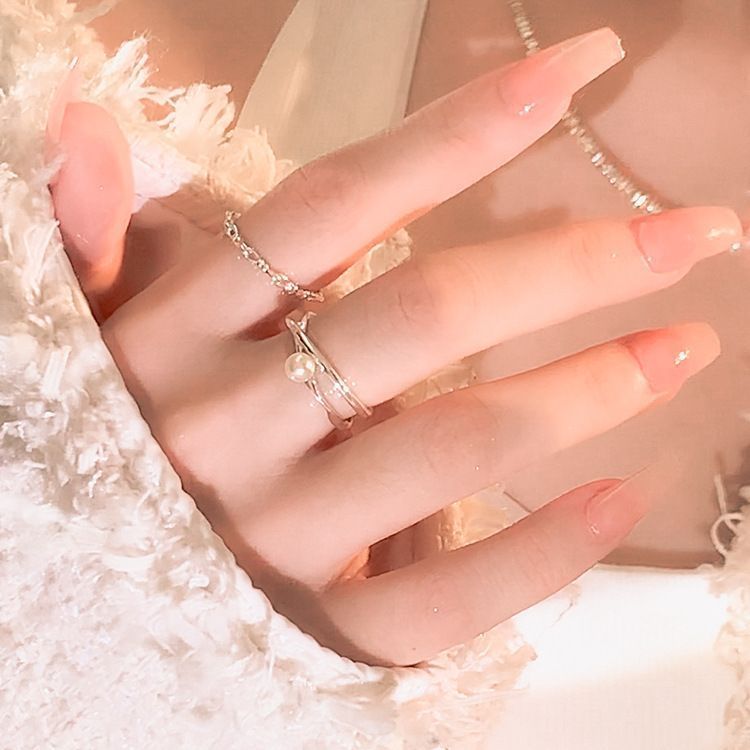 冷淡风珍珠戒指女小众设计复古开口素圈戒指年新款潮食指尾戒