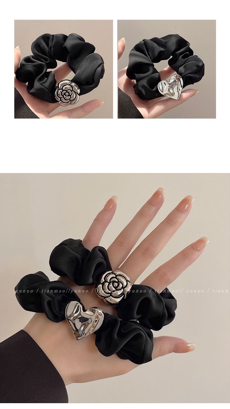 Schwarzes Kamelien-haargummi Mit Schleife Exquisites Leder-scrunchie_voghion.com