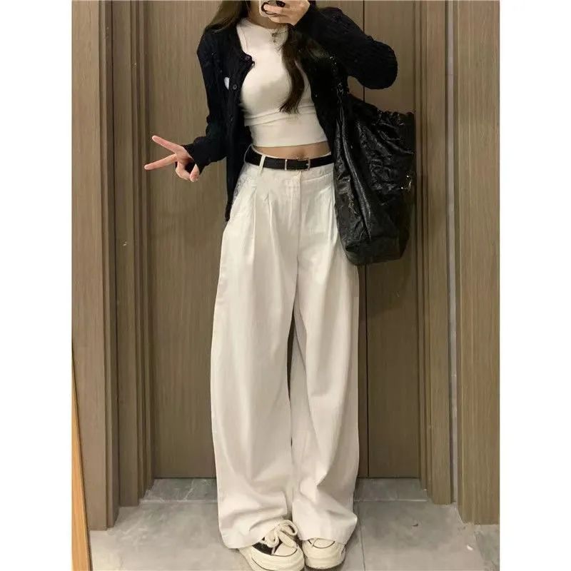 白色闊腿牛仔褲女秋季新款ins風褶皺直筒拖地褲高腰寬鬆顯瘦長褲