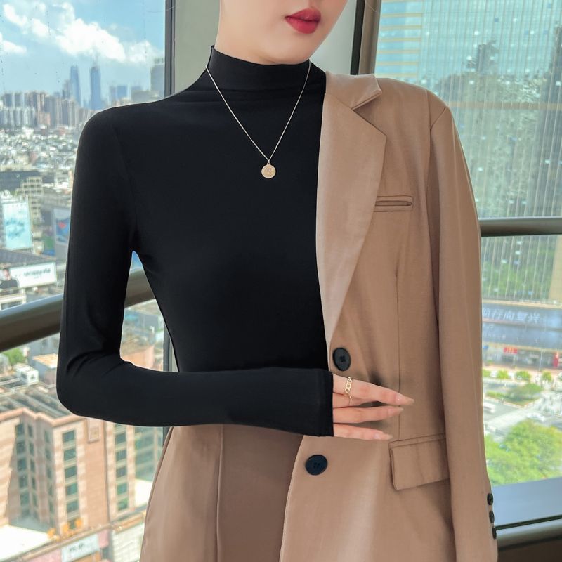 長袖t恤女打底衫莫代爾半高領春秋緊身內搭修身美拉德薄款上衣