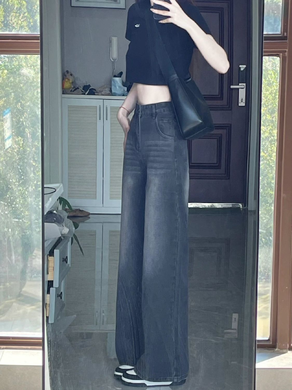 復古ins黑灰色微喇牛仔褲女直筒寬鬆百搭高腰顯瘦垂感闊腿褲子潮