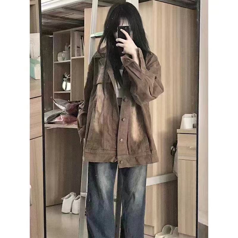 Plus size fat mm American retro brown contrast denim jacket women's autumn and winter new trendy ins Hong Kong style jacket top
