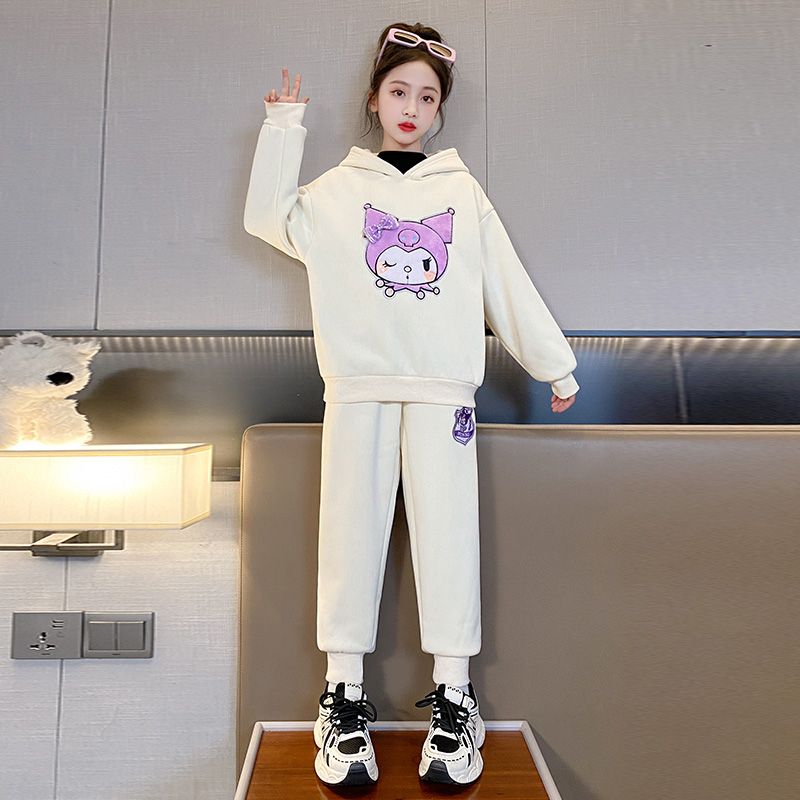 Girls' autumn and winter suits, older children's Kuromi cartoon velvet thickened vest, sweatshirt and sweatpants casual three-piece set