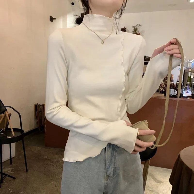 白色半高領打底衫女木耳邊秋冬修身顯瘦內搭不規則長袖t恤上衣春