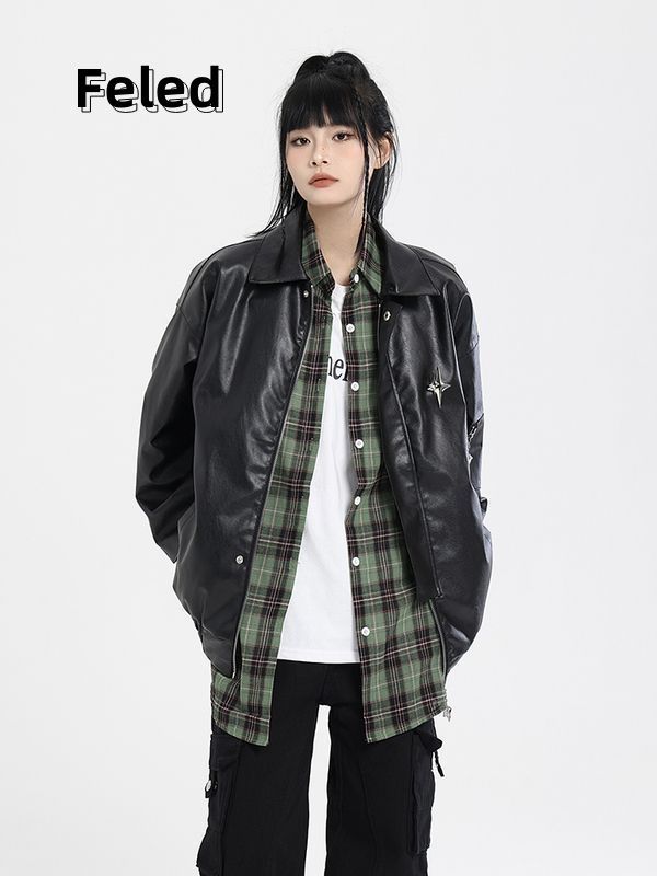 Feila Denton American retro motorcycle style PU leather jacket jacket for men and women in autumn loose hip-hop all-match trendy tops