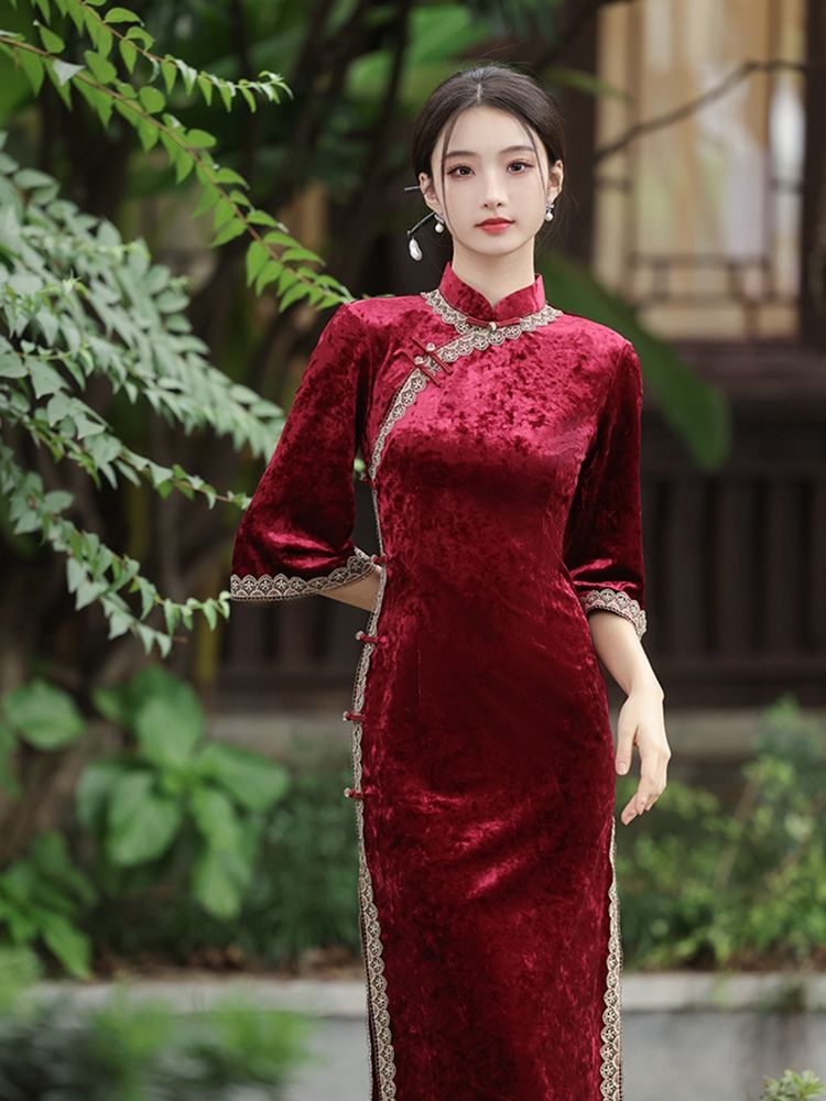 紅色旗袍年輕款敬酒服高檔金絲絨倒大袖2023秋冬回門日常連衣裙女