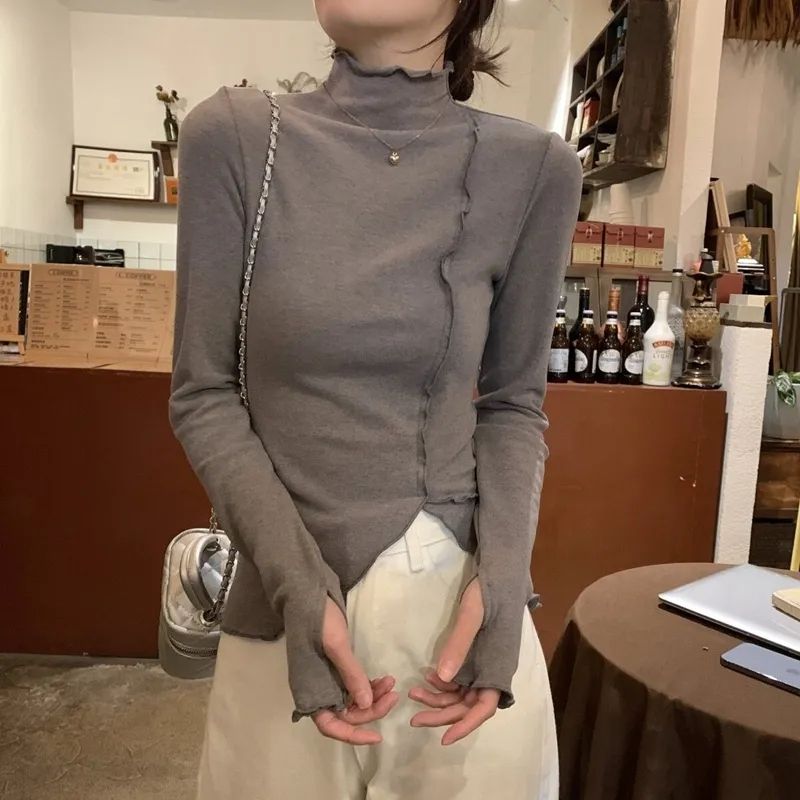 不規則半高領打底衫女秋冬季修身長袖t恤內搭顯瘦設計感短款上衣
