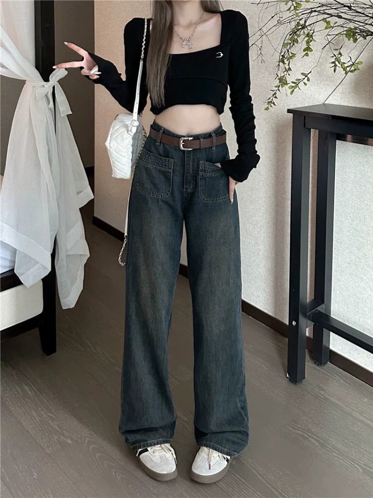 2023秋季新款美式水泥灰闊腿牛仔褲女高腰顯瘦直筒寬鬆百搭拖地褲