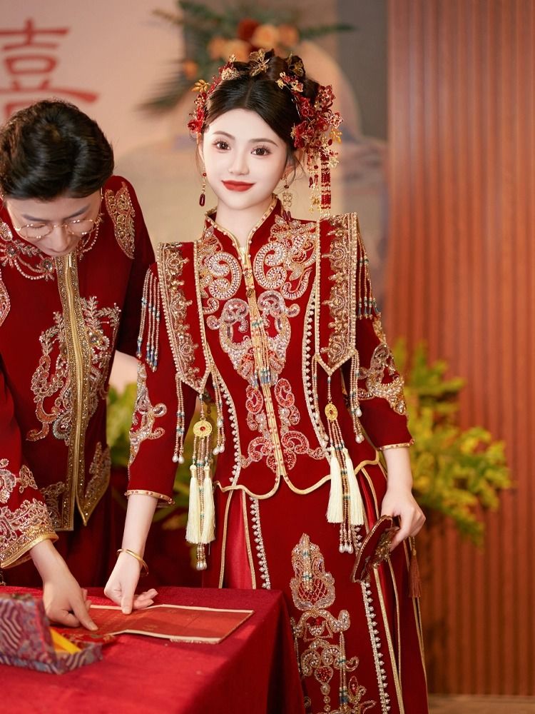 格格柳莎【紅黛】秀禾服新款新娘小個子冬季加厚中式嫁衣龍鳳褂女