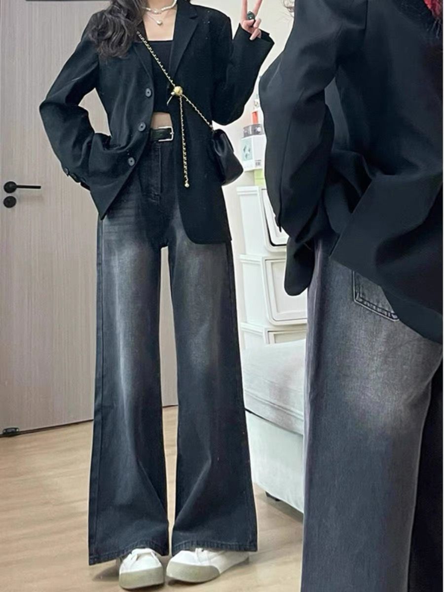 黑灰色百搭顯瘦直筒牛仔褲女秋冬高街ins復古高腰寬鬆闊腿拖地褲