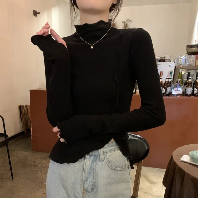 美拉德半高領修身內搭打底衫秋冬2023新款不規則開叉小眾別致上衣
