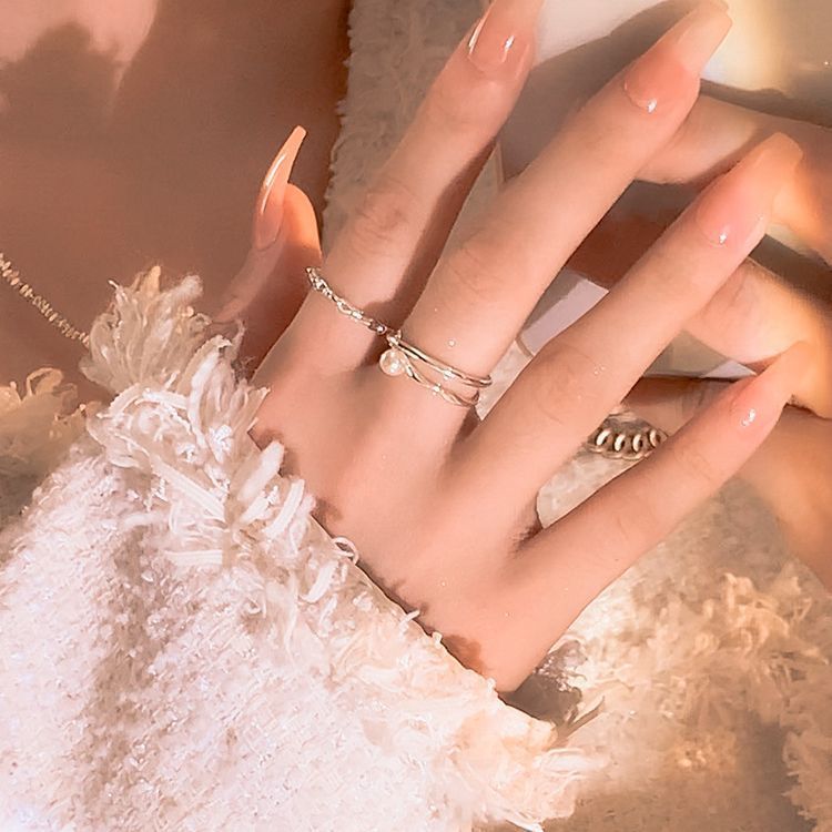 冷淡风珍珠戒指女小众设计复古开口素圈戒指年新款潮食指尾戒
