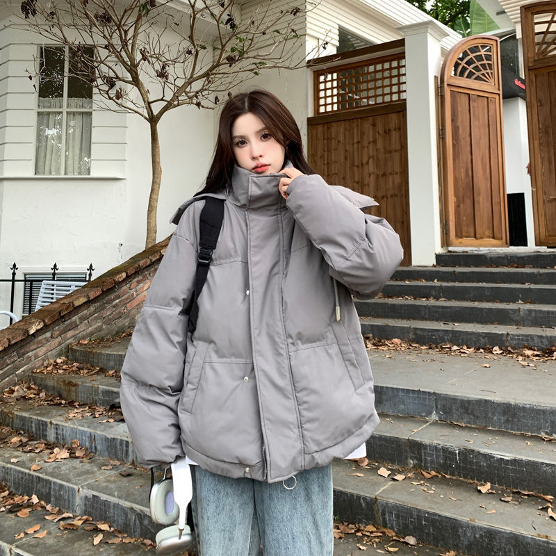 冬季韓版灰色愛心刺繡加厚棉衣女連帽2023新款小個子麵包服外套潮