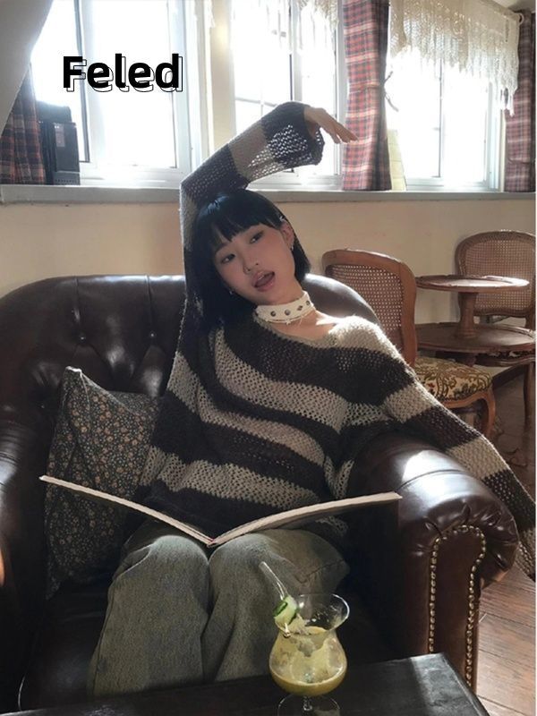 飛拉丹頓慵懶風寬鬆撞色條紋針織衫男女美式復古小眾別致休閒上衣