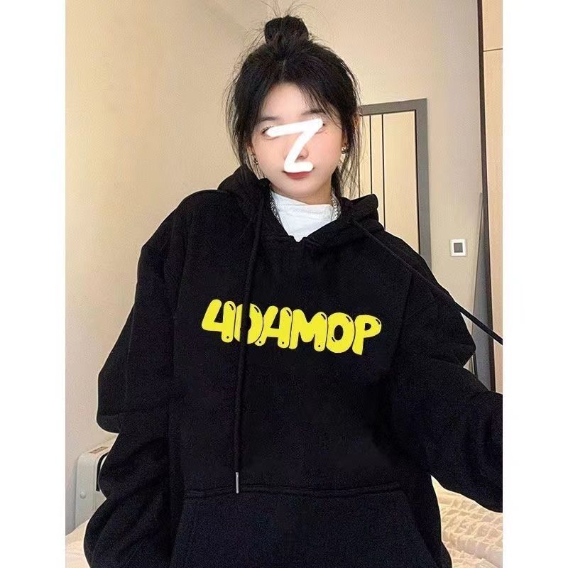 黑色字母印花連帽衛衣女秋冬季加絨加厚寬鬆外穿慵懶風上衣外套潮