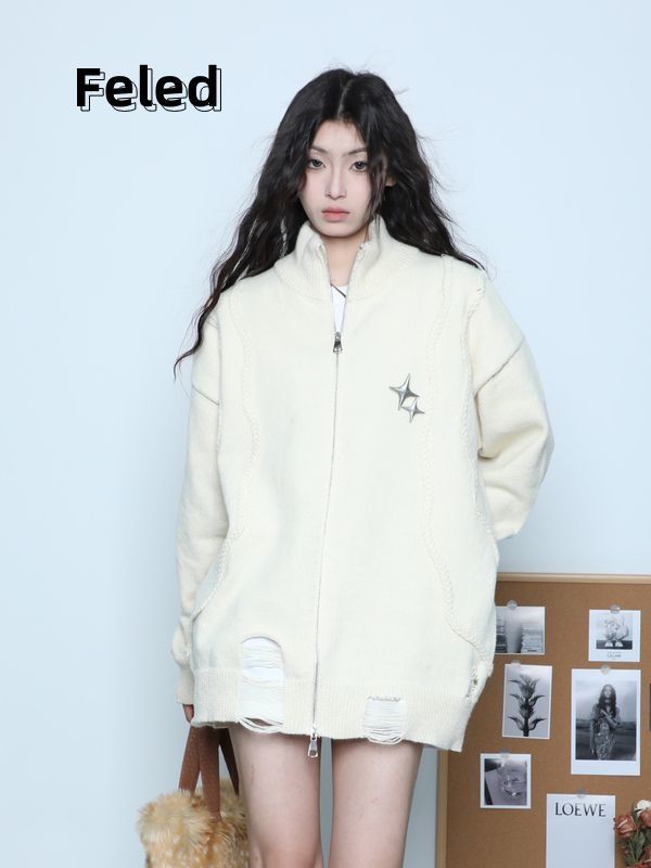 Feira Denton's new autumn style loose slimming stand-up collar cardigan sweater jacket for men and women lazy style couple knitwear