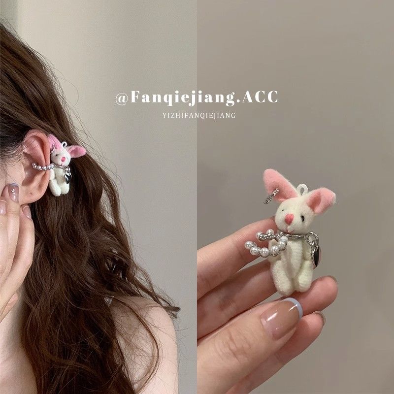 毛絨兔子耳夾無耳洞女高級小動物耳環百搭小眾少女古怪可愛耳骨夾