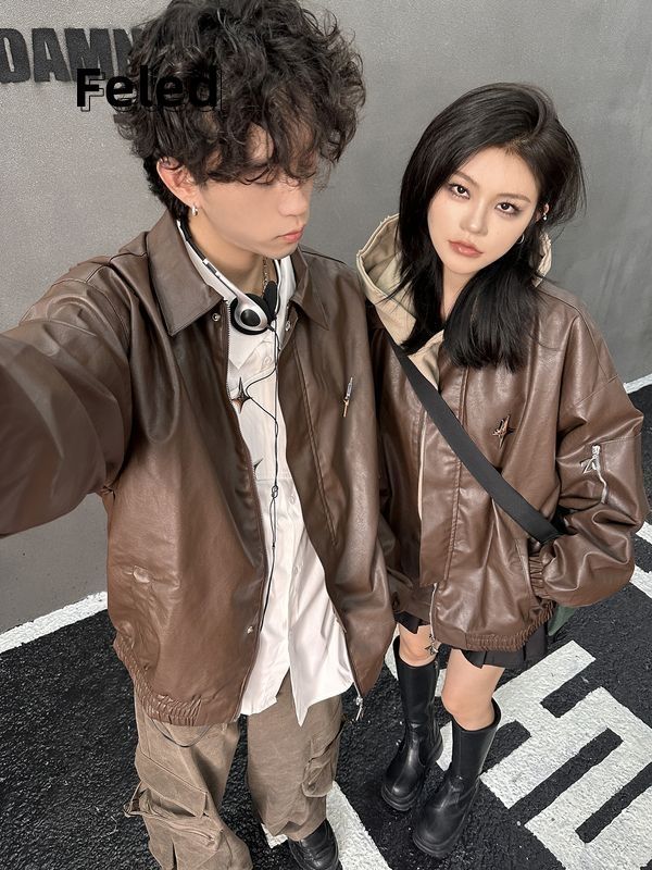 Feila Denton retro brown leather jacket for men and women ins American street motorcycle style couple jacket top