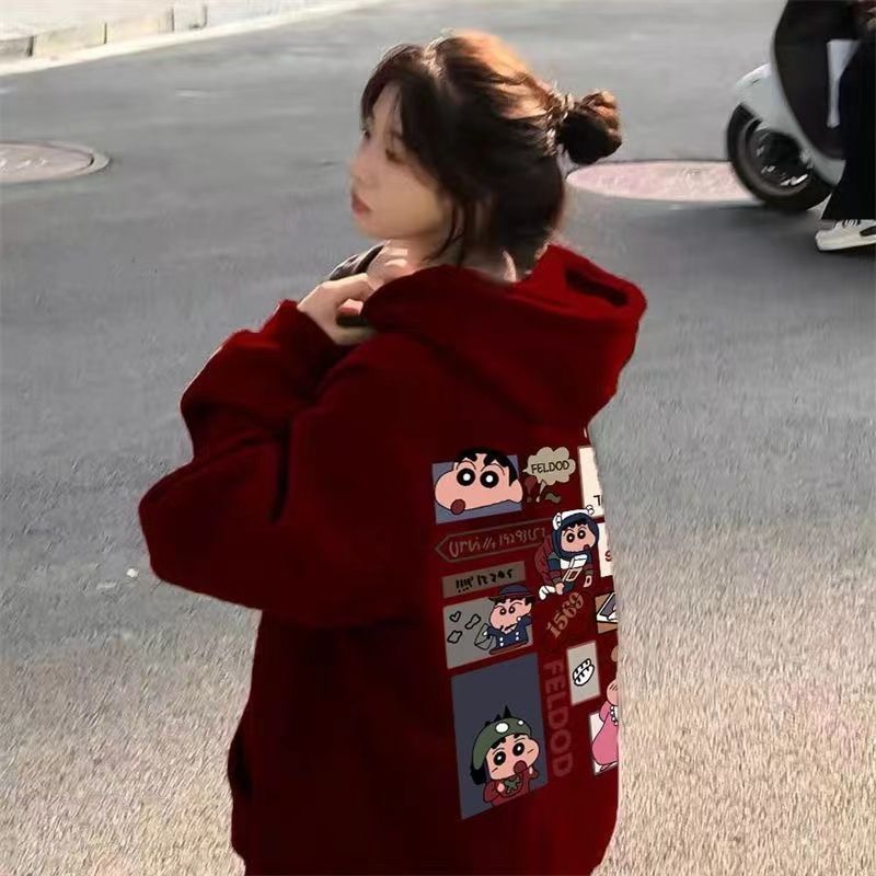 酒紅色連帽加絨衛衣女秋冬美式復古寬鬆oversize慵懶風上衣外套厚
