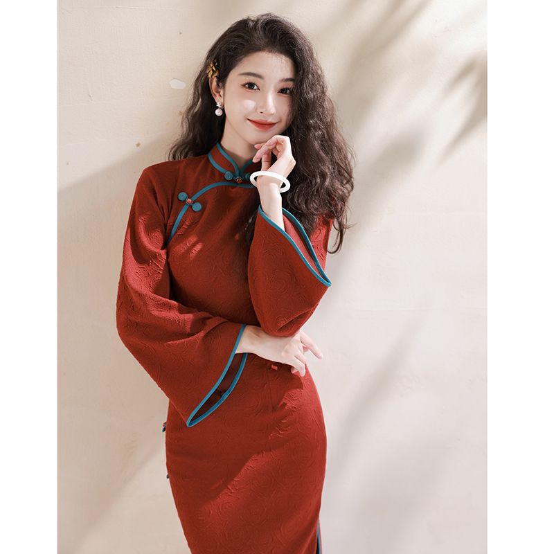 新中式紅色旗袍女中國風訂婚高級感倒大袖復古改良日常連衣裙秋季