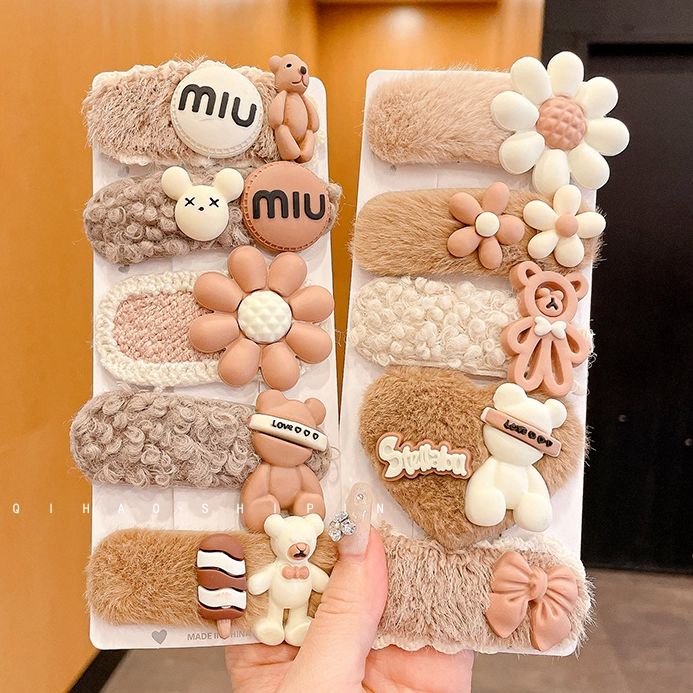 Flower cartoon plush hair clip for women autumn and winter forehead bangs clip broken hair side small side clip bb clip headdress hair clip