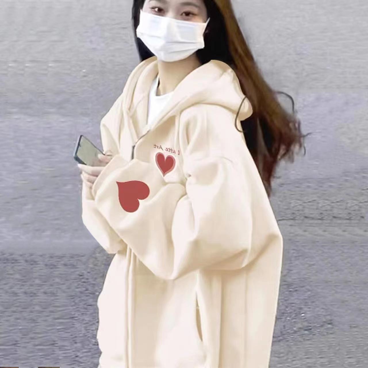 奶杏色外套女寬鬆連帽衛衣冬季加絨加厚小個子慵懶風休閒拉鏈外套