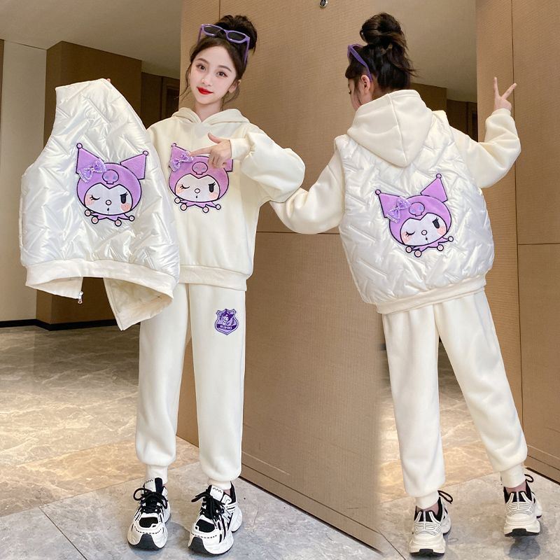 Girls' autumn and winter suits, older children's Kuromi cartoon velvet thickened vest, sweatshirt and sweatpants casual three-piece set